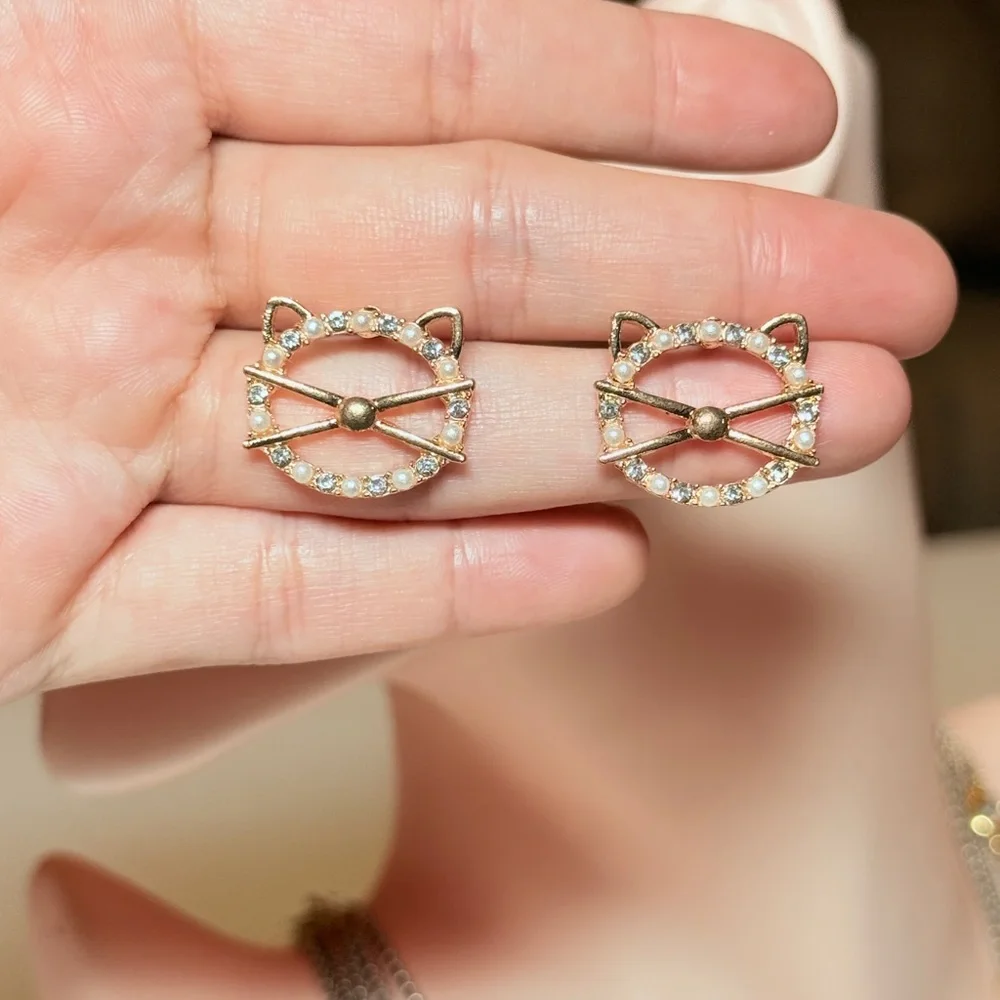 Gold Cat Face Crystal Stud Earrings - Women Jewelry